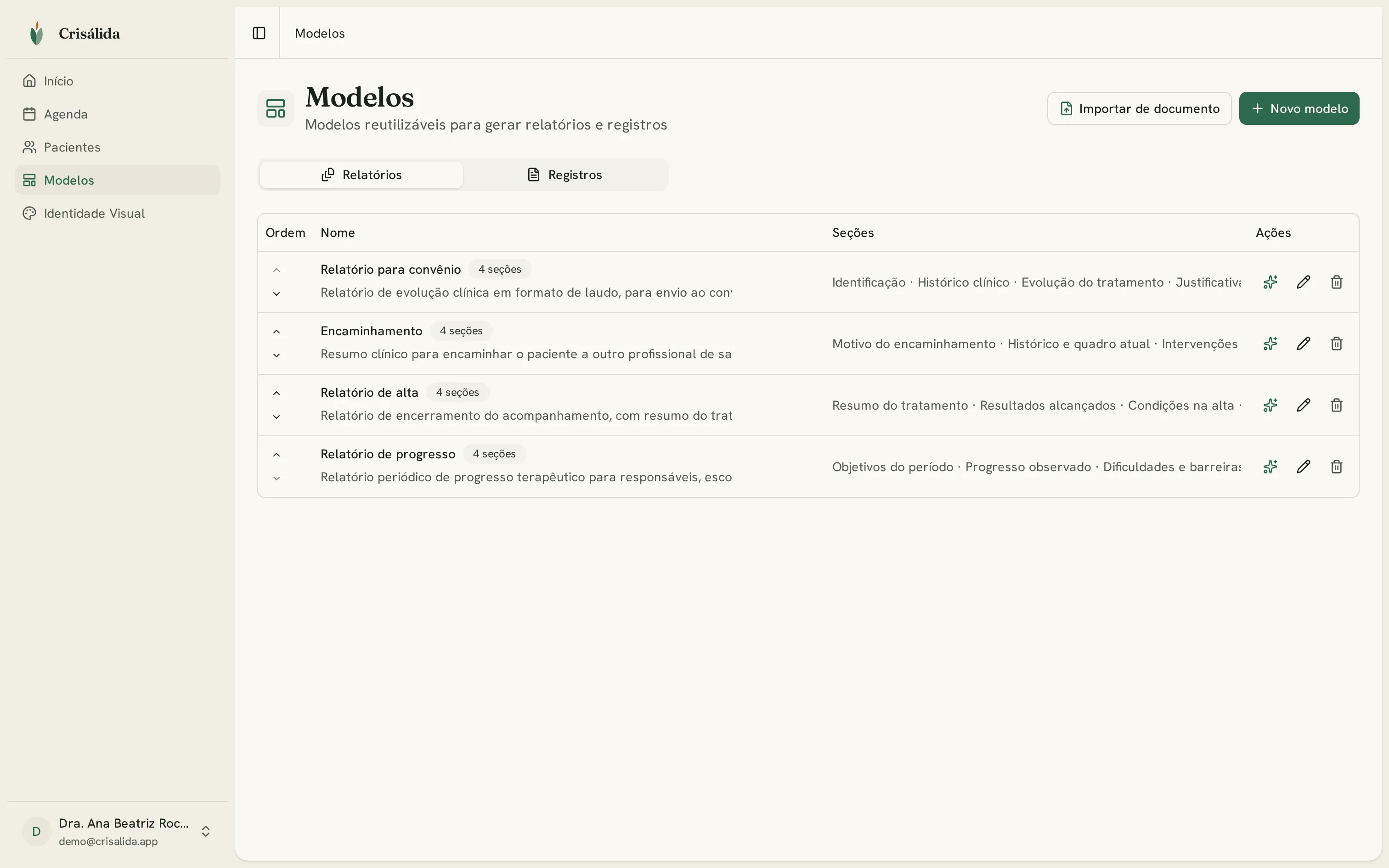 Crisálida templates — reusable document templates with ordered sections and style guidance