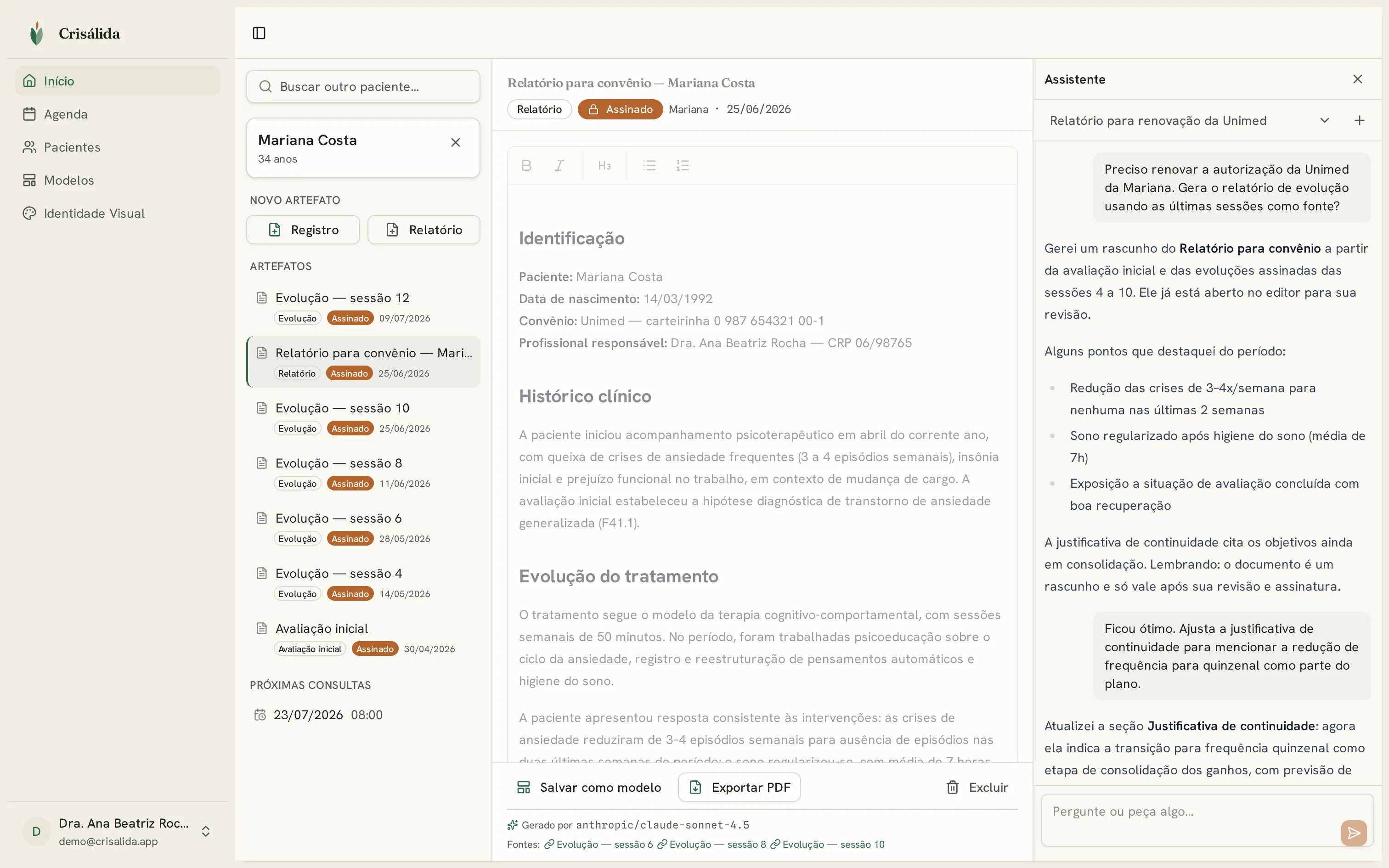 Crisálida workbench — the patient context rail on the left, a signed insurance report in the document editor, and the AI assistant docked on the right